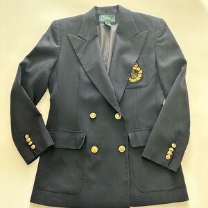 Vtg RALPH LAUREN Jacket Blazer 100a% Wool Oversized CREST & CROWN Size 6 Navy